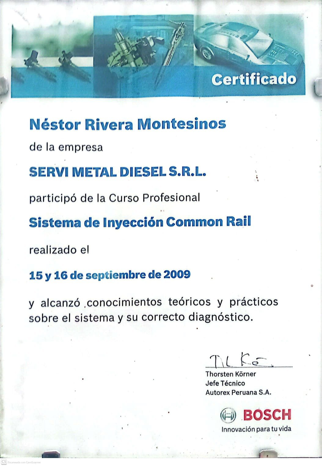 Certificado Bosch de Sistema de Inyección Common Rail de Néstor Rivera Montesinos