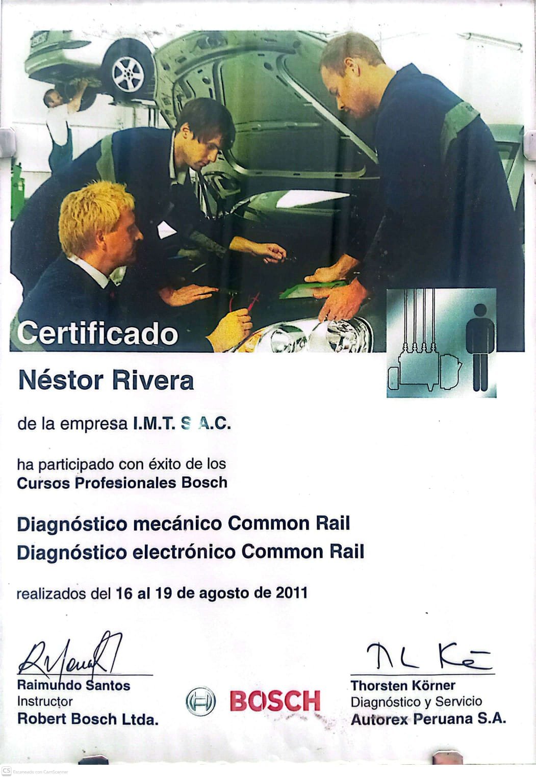 Certificado Bosch de diagnóstico mecánico y electrónico Common Rail de Néstor Rivera