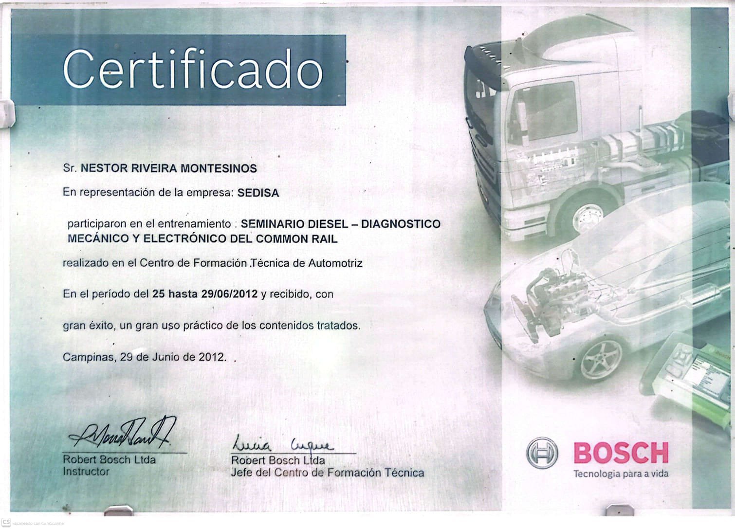 Certificado Bosch de Seminario Diesel Common Rail de Néstor Rivera Montesinos